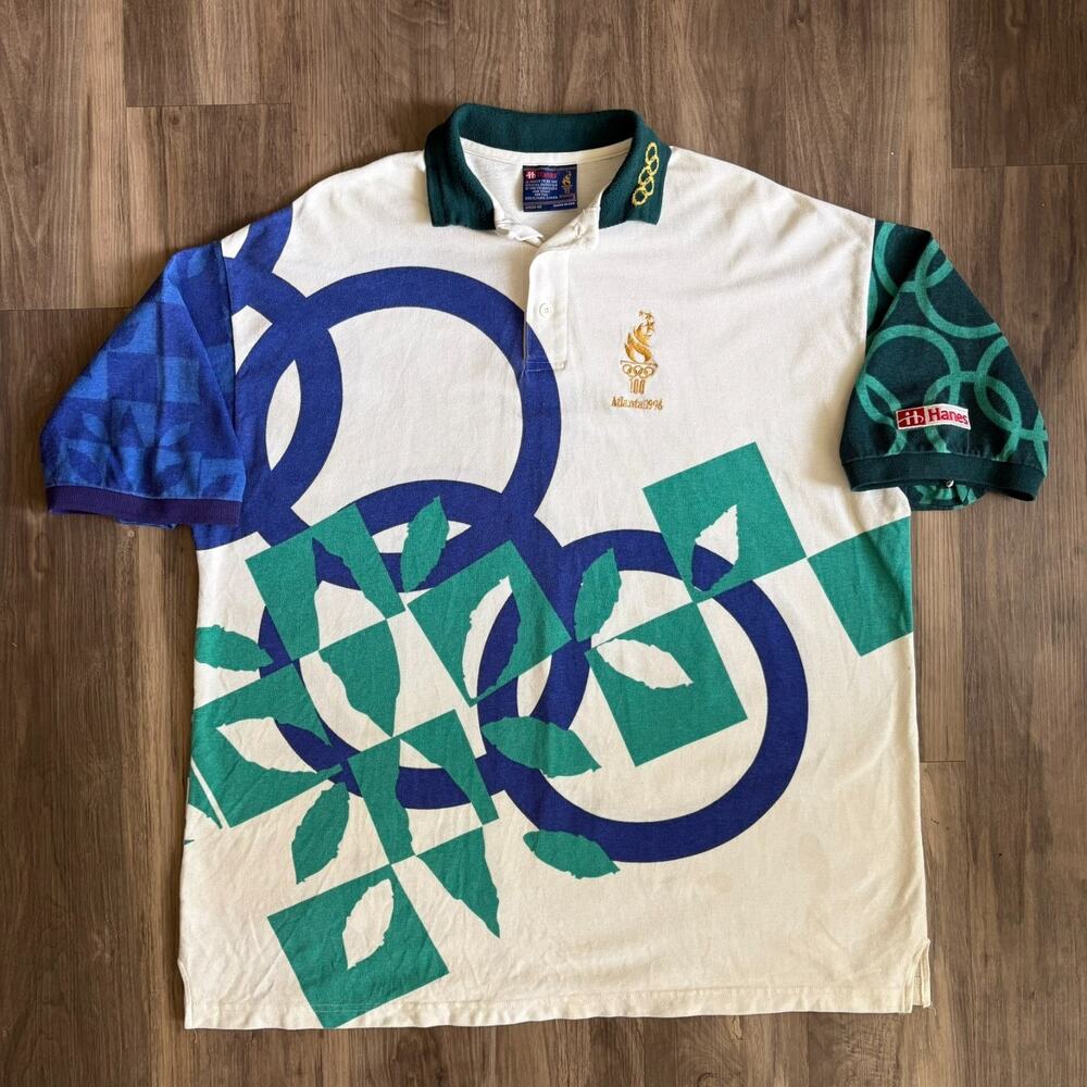 Vintage 1996 Atlanta Olympics Polo Shirt Men's Size 2XL Hanes All Over Print